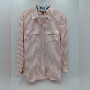 Tommy Bahama 100% Linen Striped Button Down Shirt Pink White Coastal Medium